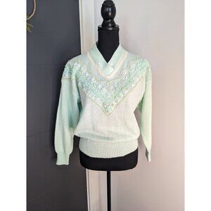 Women's‎ Mint/Sea Foam Ribbed Sweater with Lace and Pearl Details